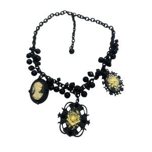 Black Cameo Gothic Necklace Floral Lady Cream Cameo Glass Beads Collar Adj 17"